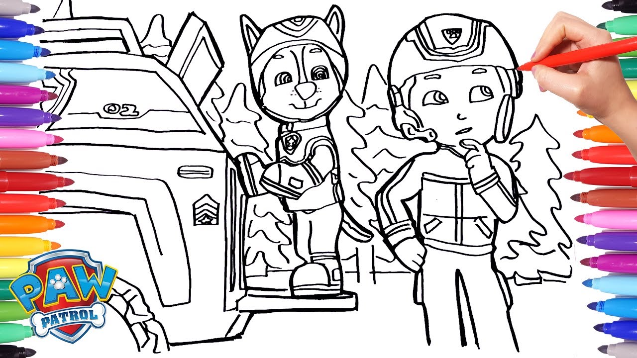 Paw patrol winter rescue coloring pages for kids chase and ryder best patrol coloring scene