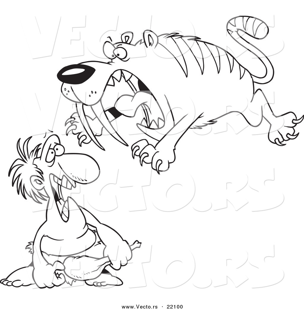 R of a cartoon saber tooth tiger attacking a caveman