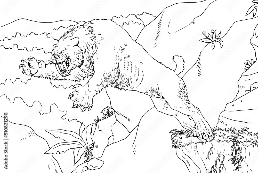 Saber tooth cat on the hunt animals drawing saber
