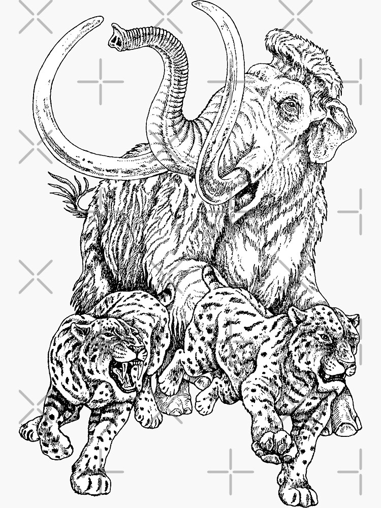 Woolly mammoth and saber tooth cats sticker for sale by samchandra