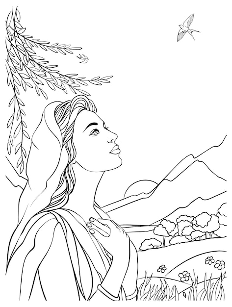 Premium vector girl praying to jesus on the background of mountains linear black and white vector drawing