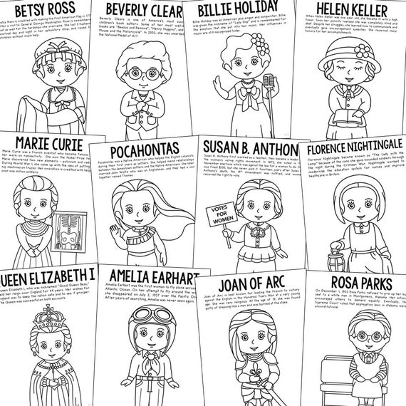 Womens history month coloring pages activity social studies bulletin board decor educational wall art craft project worksheets