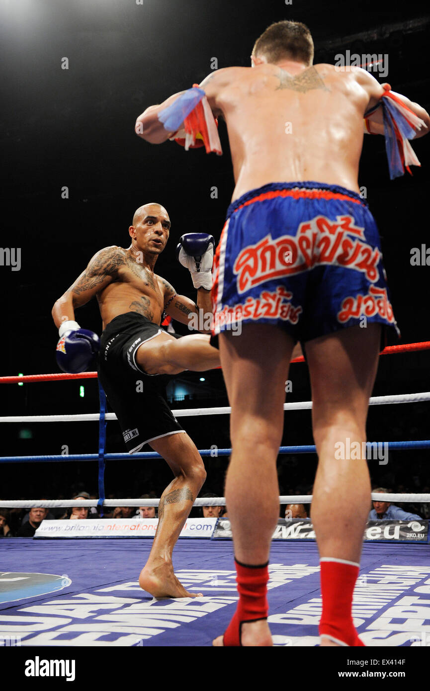 Muay thai kick boxing bout stock photo