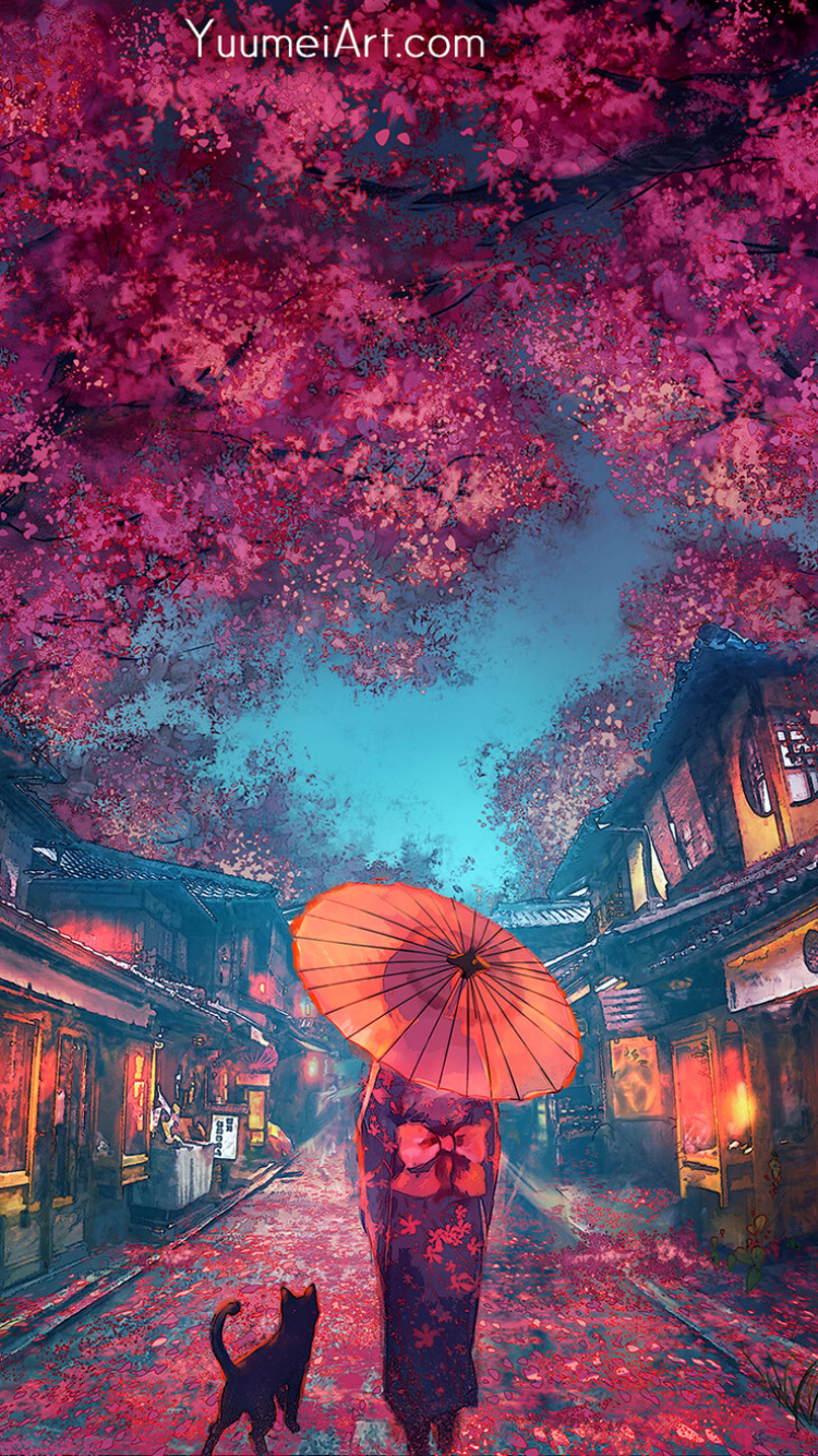 Anime girl on city street with sakura trees at dusk by wenqing yan