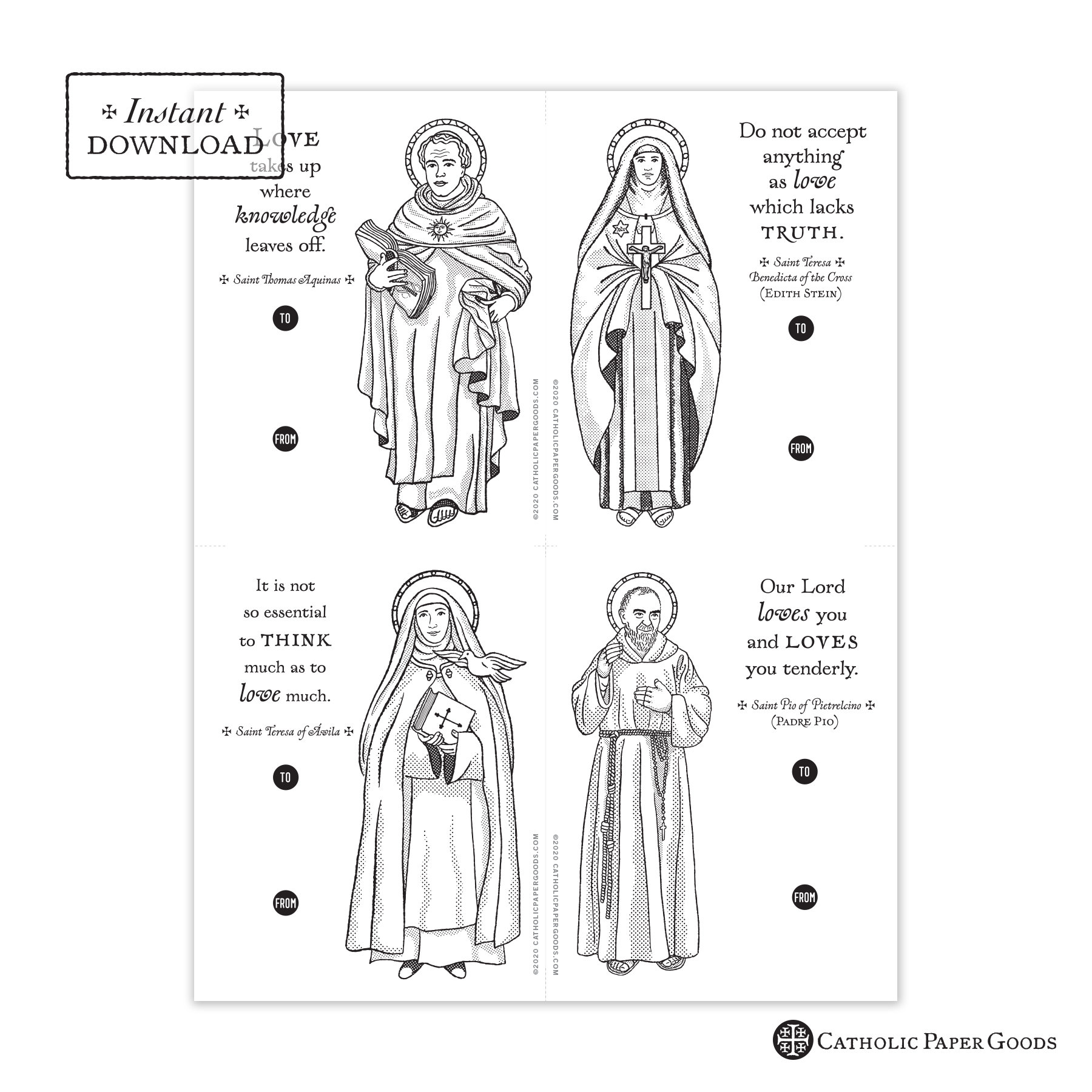 Catholic saints coloring page valentine exchange cards set printable