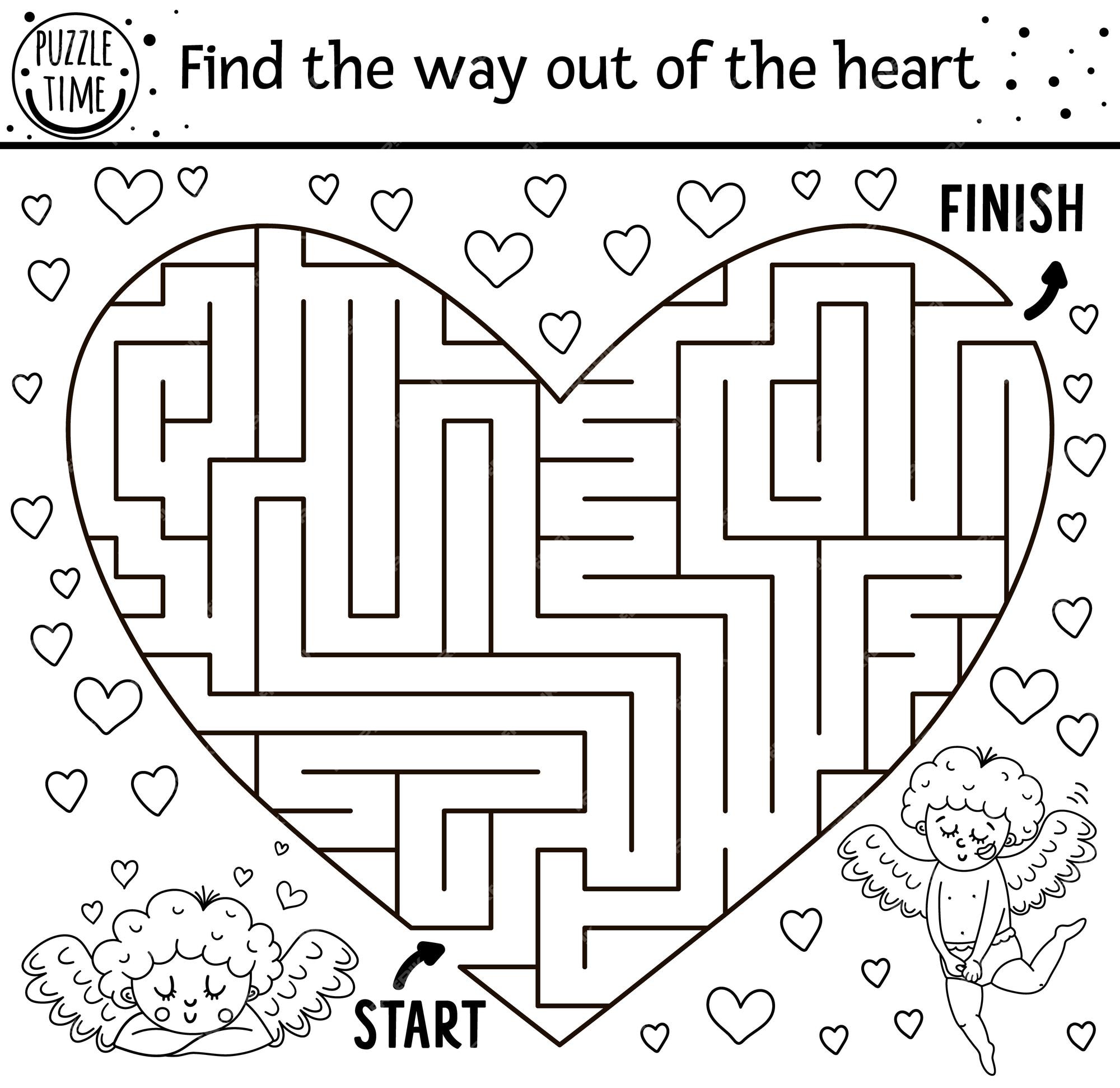 Premium vector saint valentine day black and white maze for children in heart shape holiday preschool printable educational activity funny game or coloring page with cute cupid romantic puzzle with love