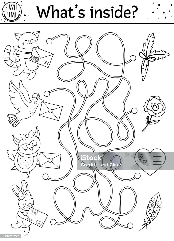 Saint valentine day black and white maze for children holiday preschool printable educational activity funny game with cute animals romantic puzzle or coloring page with love theme stock illustration