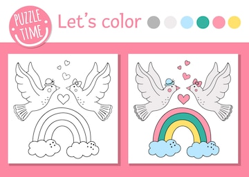 Premium vector saint valentine day coloring page for children funny scene with doves rainbow hearts vector holiday outline illustration with cute birds color book with for kids with colored example