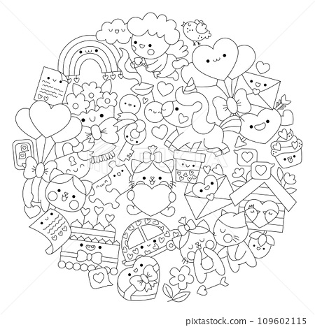 Vector saint valentine round line coloring page