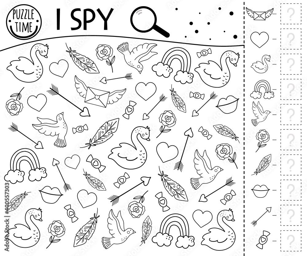 Saint valentine day black and white i spy game for kids searching and counting activity for preschool children or holiday coloring page funny party printable worksheet with love theme vector