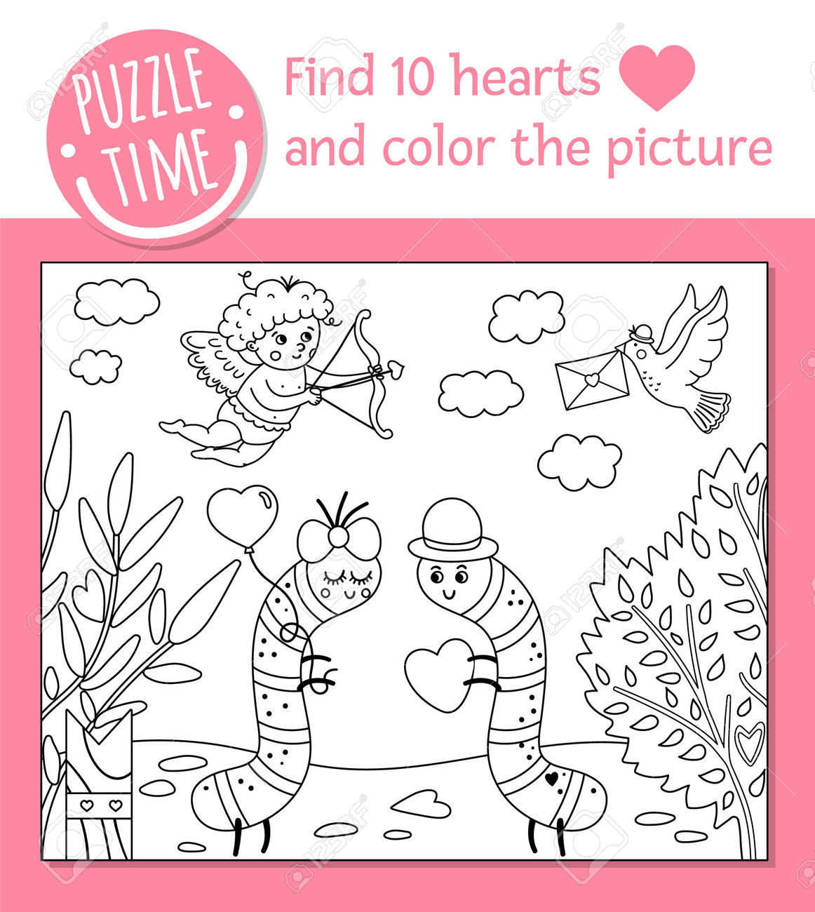 Saint valentine day coloring page for children funny scene with caterpillars in the garden cupid vector holiday outline illustration with cute insects color book with colored example royalty free svg cliparts vectors