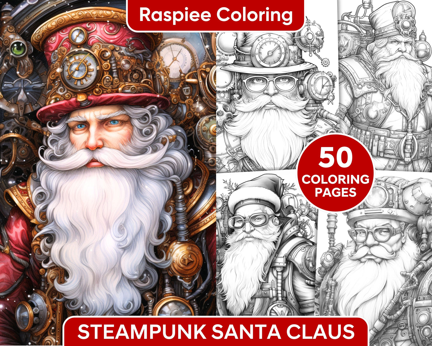 Steampunk santa claus grayscale coloring pages for adults printabl â coloring