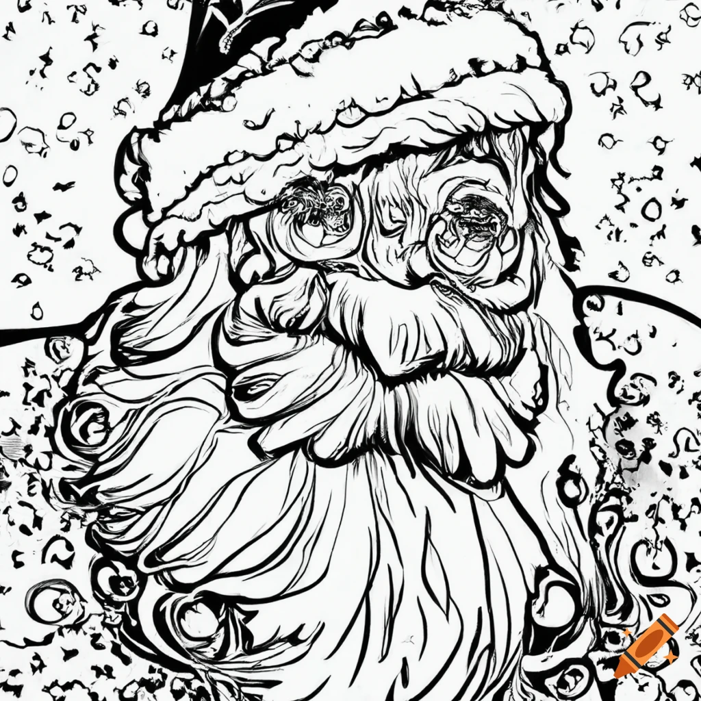 Black and white coloring book page of santa claus on