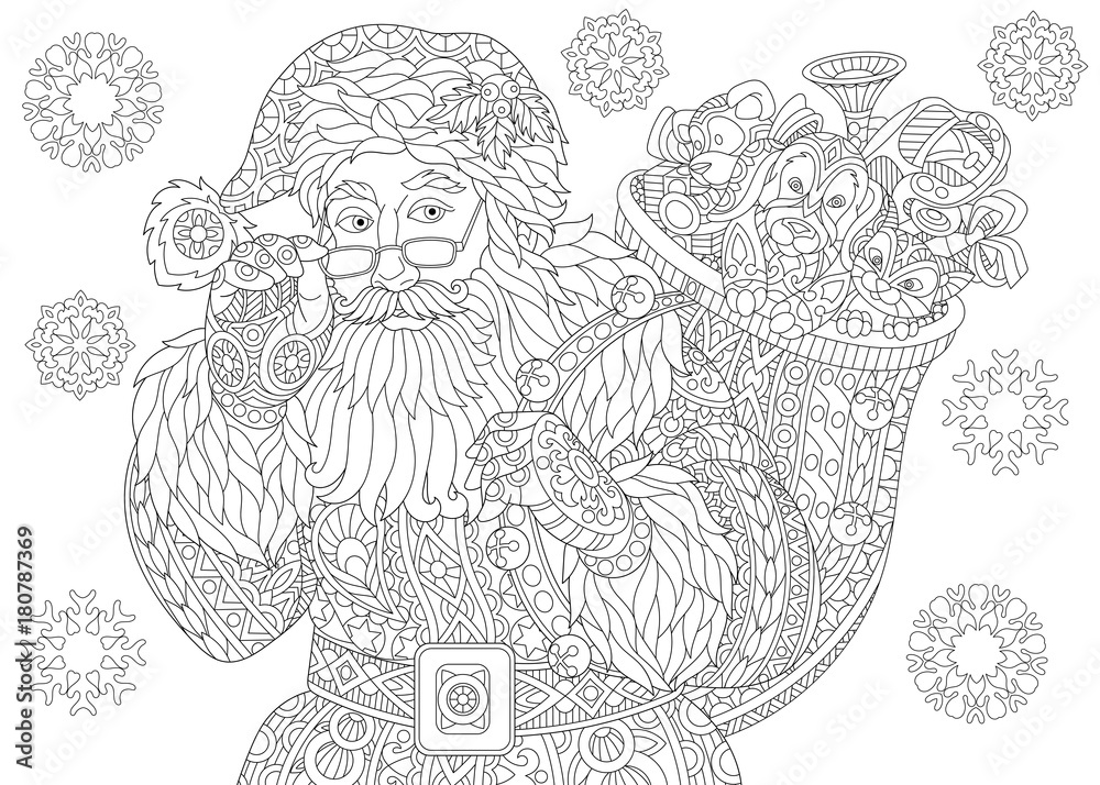 Coloring page of santa claus with full bag of holiday gifts christmas vintage snowflakes freehand sketch drawing for happy new year greeting card or adult antistress coloring book vector