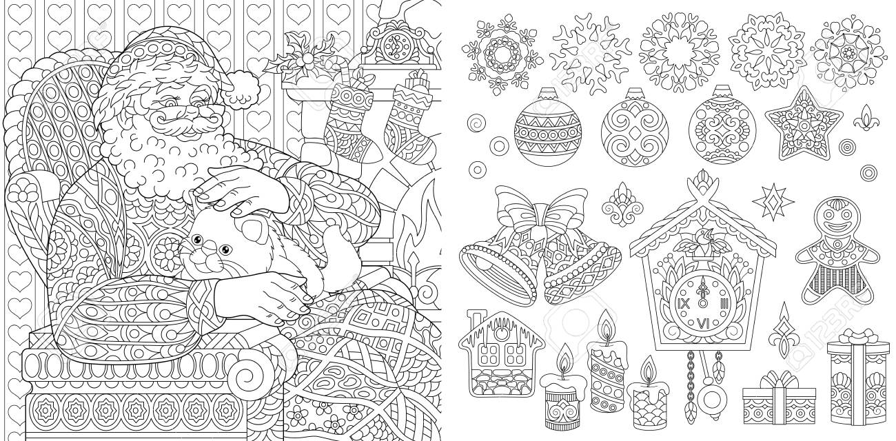 New year christmas coloring pages coloring book for adults colouring pictures with santa claus drawn in style vector illustration royalty free svg cliparts vectors and stock illustration image