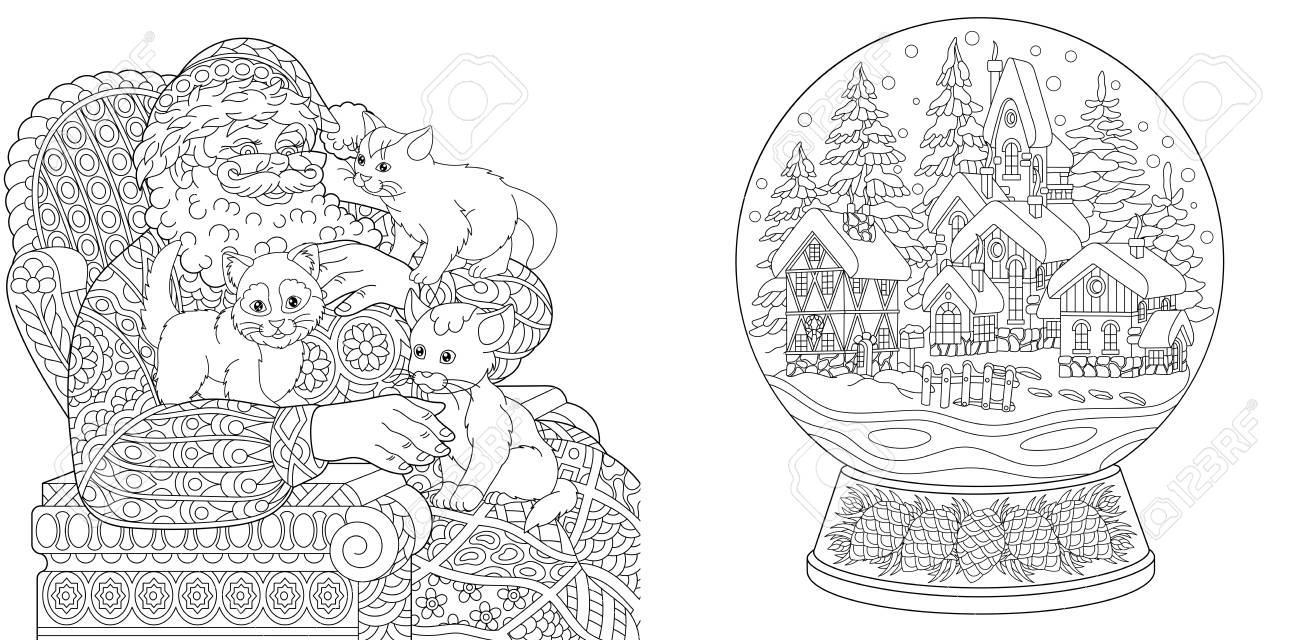 Coloring pages coloring book for adults colouring pictures with santa claus and magic snow ball antistress freehand sketch drawing with doodle and zentangle elements royalty free svg cliparts vectors and stock illustration