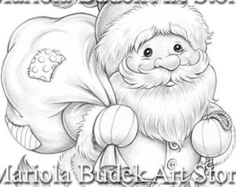 Santa claus mariola budek coloring page printable adult kids cute christmas colouring pages instant download grayscale ilustration pdf