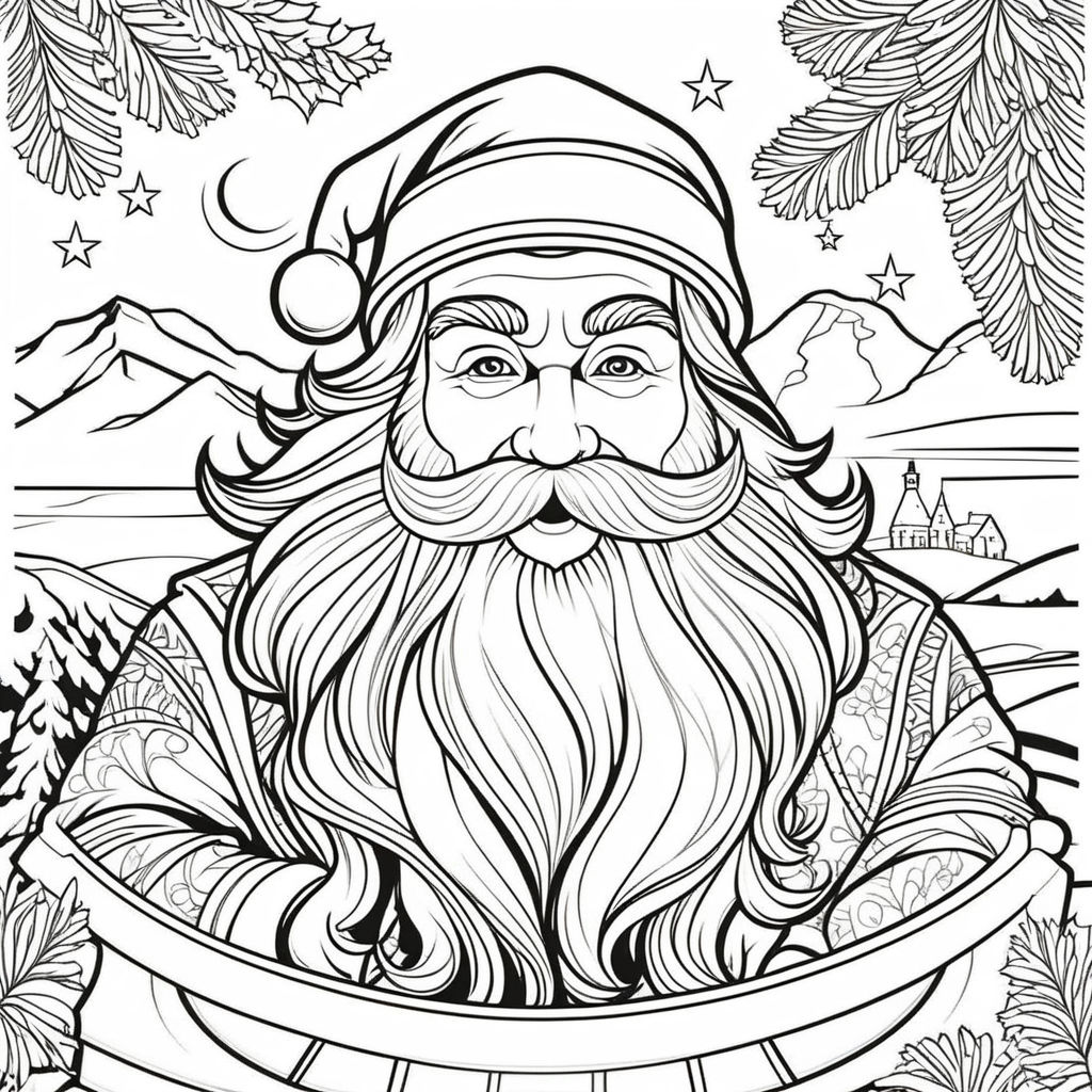 Black and white santa claus coloring book page line art digital art full shot