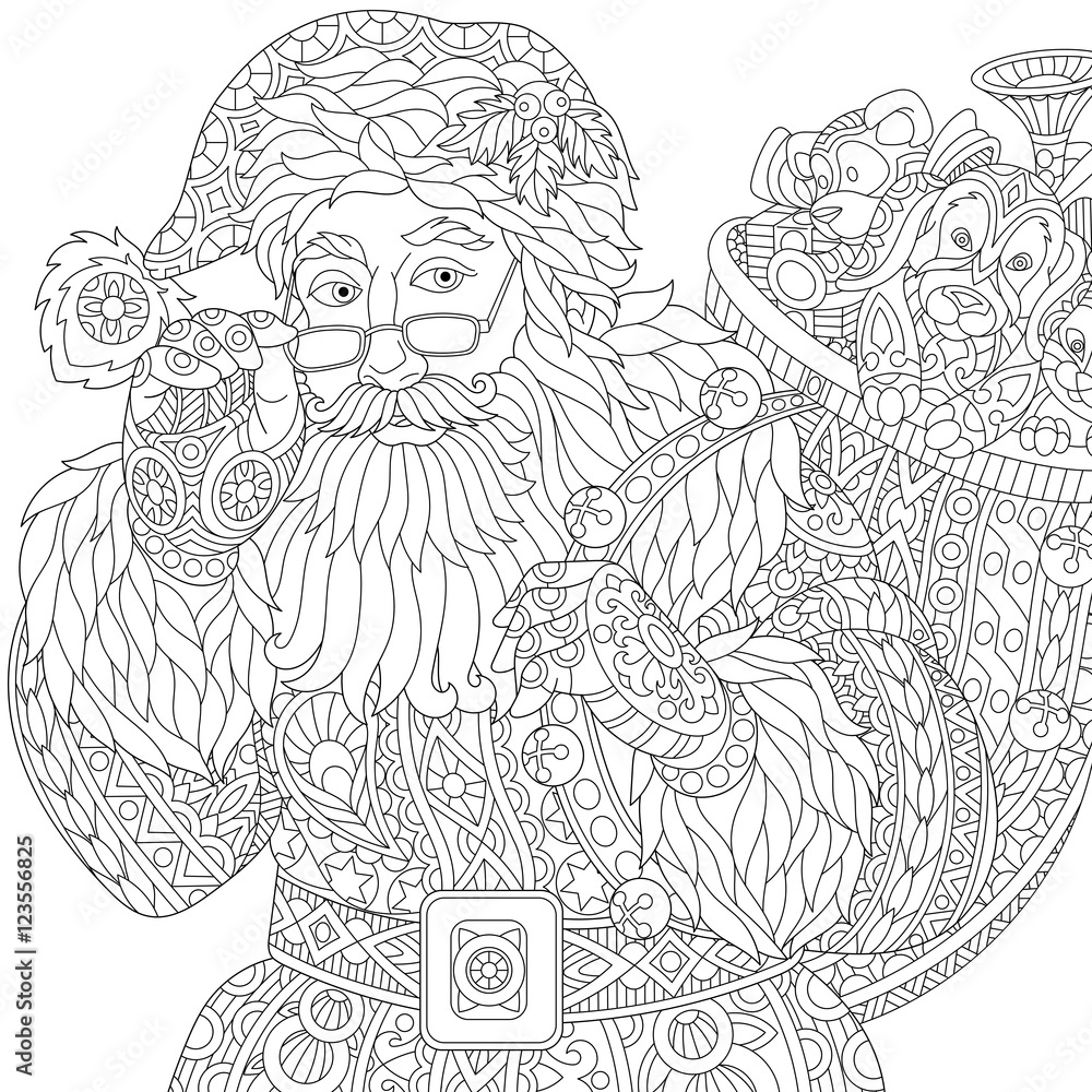 Stylized christmas santa claus with bag full of gift toys isolated on white background freehand sketch for adult anti stress coloring book page with doodle and zentangle elements vector