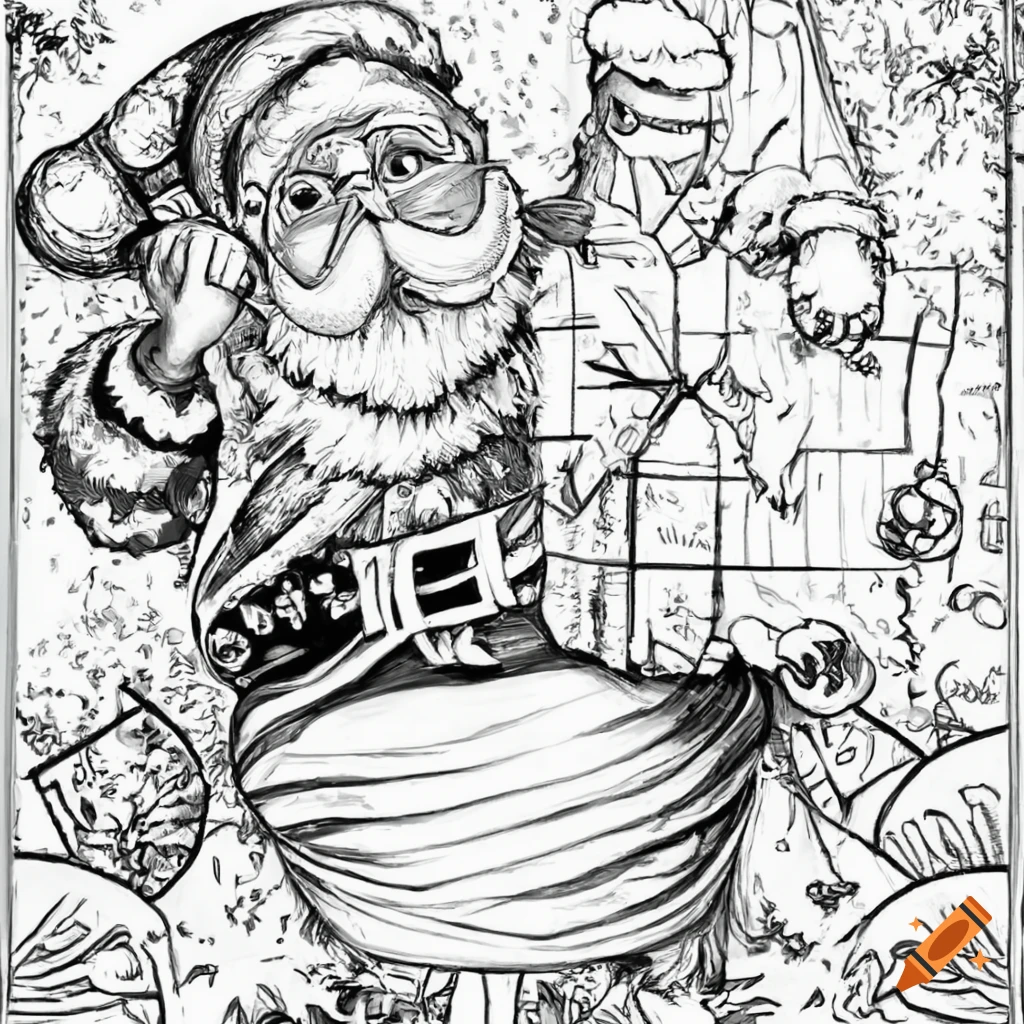 Black and white cartoon of santa claus on