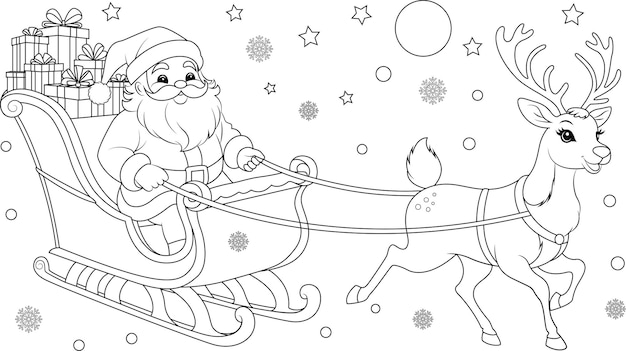 Premium vector coloring page reindeer pulling santas sleigh through the night sky coloring book christmas