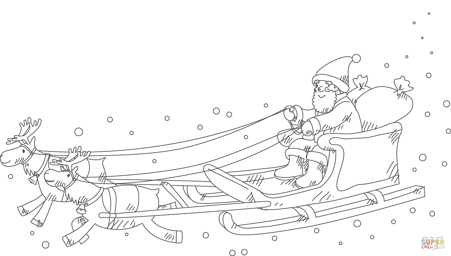 Santa claus in sleigh pulled by reindeer coloring page free printable coloring pages