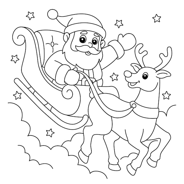 Premium vector christmas santa sleigh and reindeer coloring page