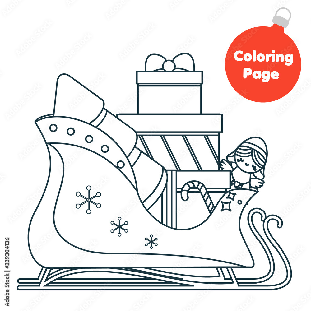 Coloring page educational children game color santa sleigh printable activity page for kids new year and christmas theme vector