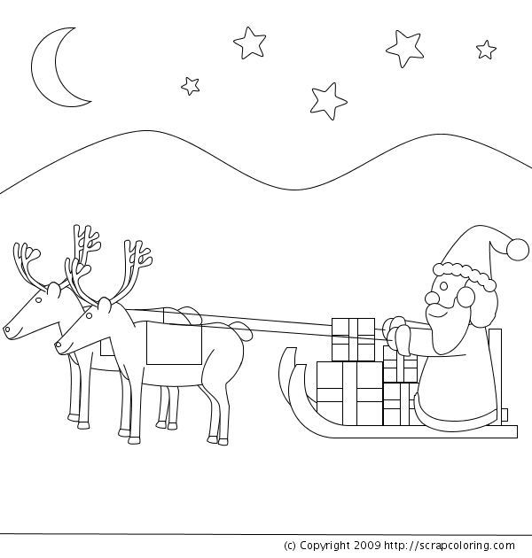 Santa claus sleigh with flying reindeer coloring page