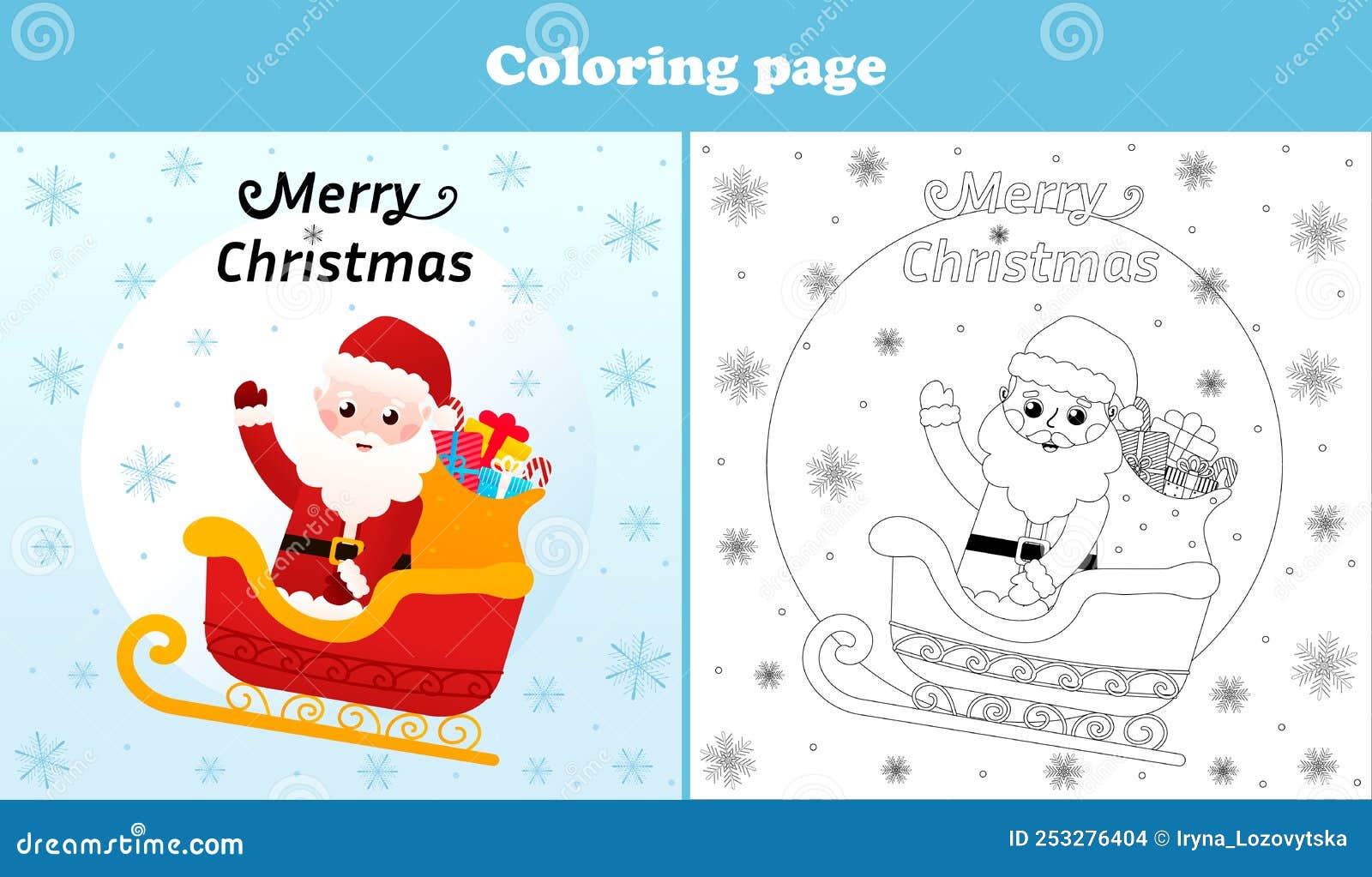 Santa claus on sleigh full of gifts coloring page for kids printable worksheet for children activity book stock vector