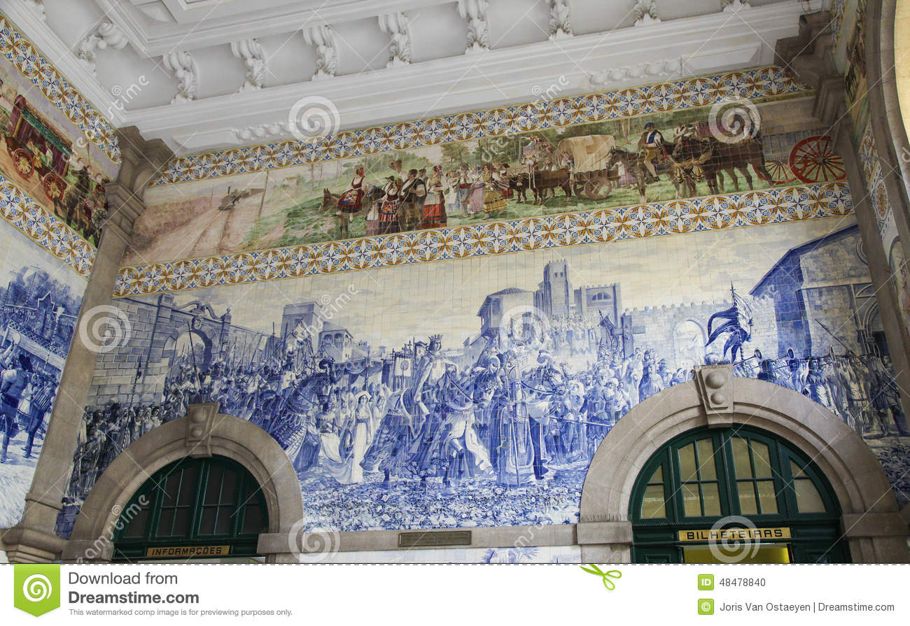 Azulejo panel in sao bento railway station in porto portugal stock photo