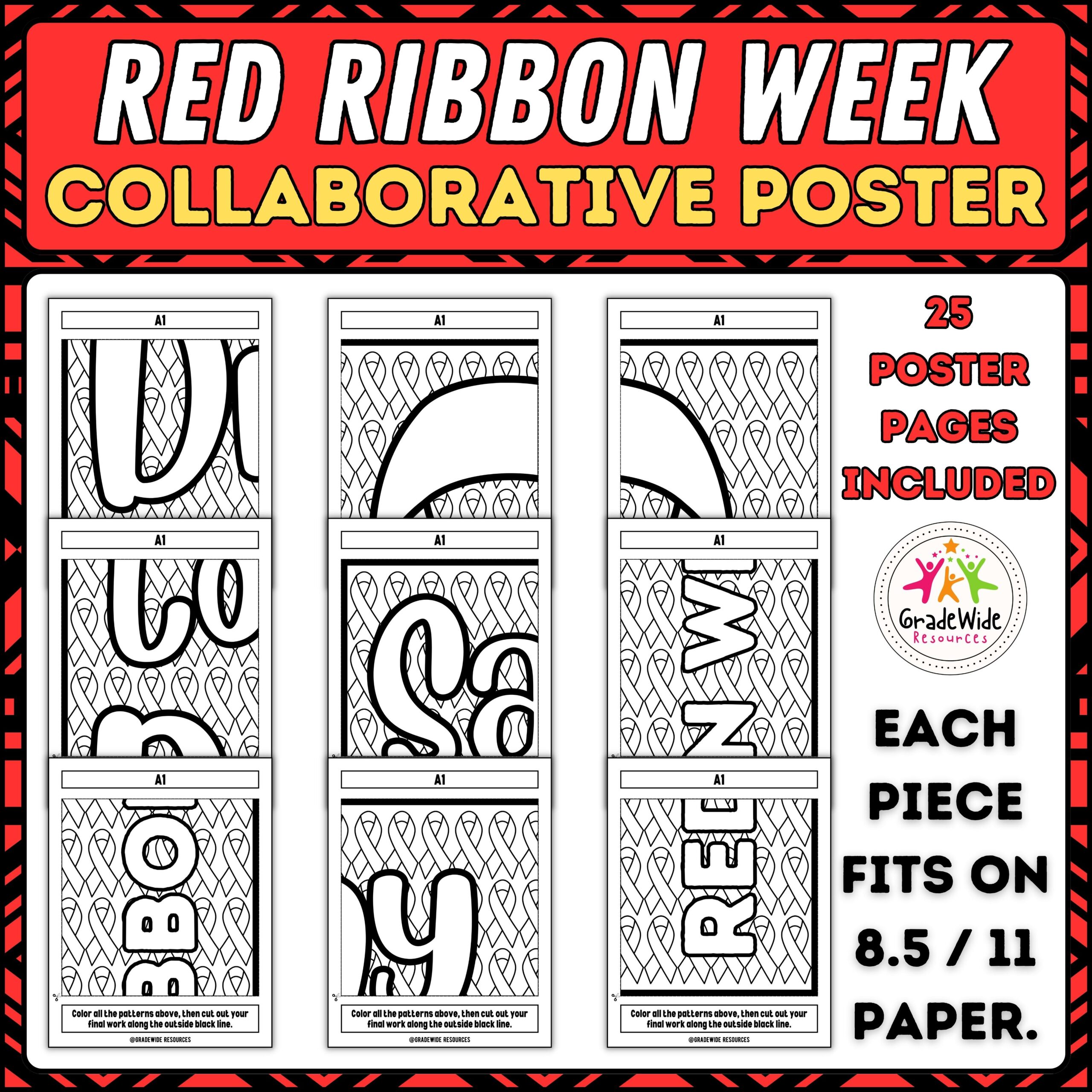 Red ribbon week collaborative coloring poster say no to drugs together made by teachers