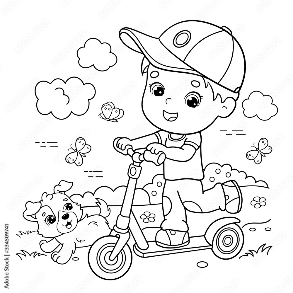 Coloring page outline of cartoon boy on the scooter coloring book for kids vector