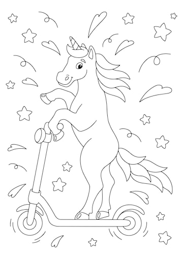 Premium vector a cheerful unicorn rides an electric scooter coloring book page for kids