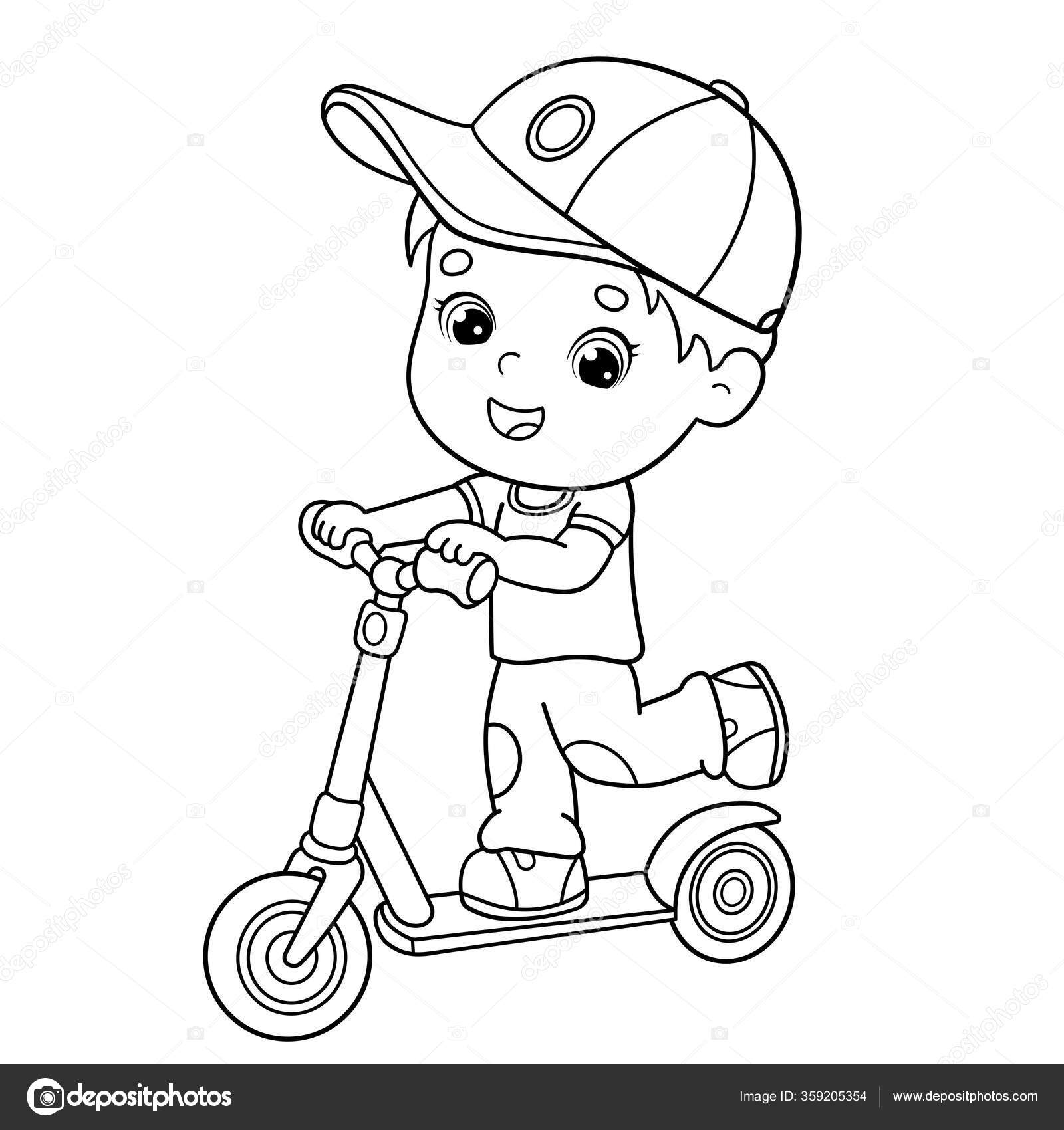 Coloring page outline cartoon boy scooter coloring book kids stock vector by oleon