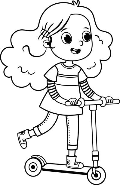 Black and white teen girl on a scooter riding stock illustration