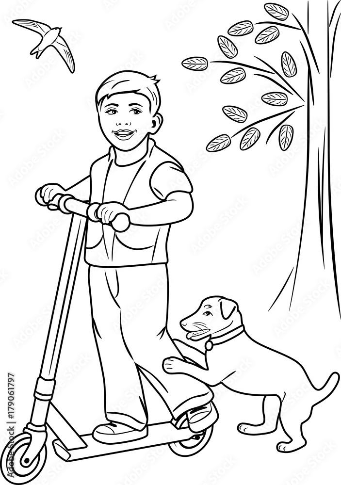 Boy on the scooter coloring page vector