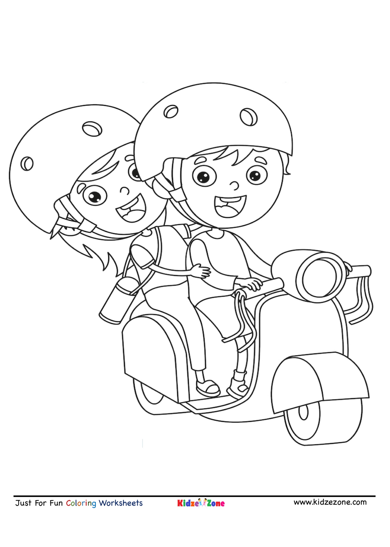 Kids riding scooter cartoon coloring page