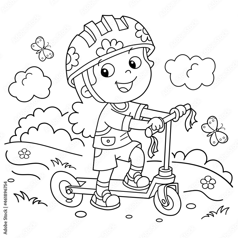 Coloring page outline of cartoon girl on the scooter coloring book for kids vector