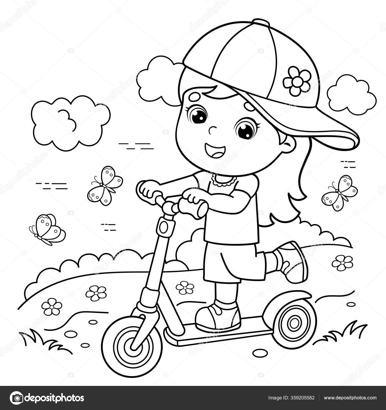 Coloring page outline cartoon girl scooter coloring book kids stock vector by oleon