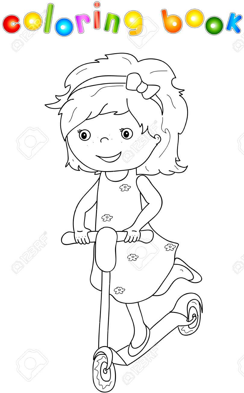 Small cute girl riding a scooter coloring book for children stock photo picture and royalty free image image