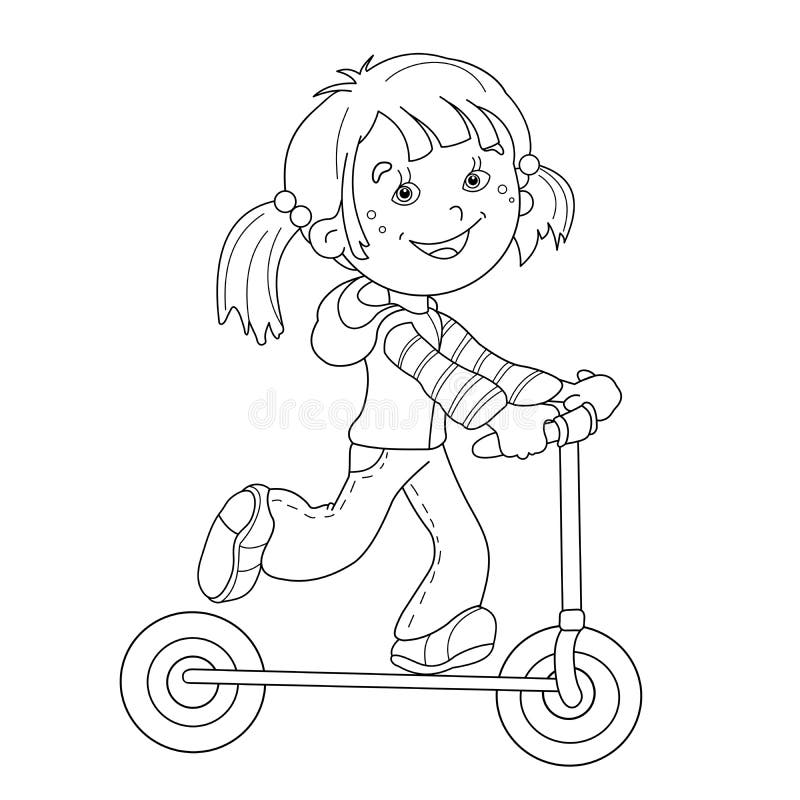 Coloring page outline of cartoon girl on the scooter stock vector