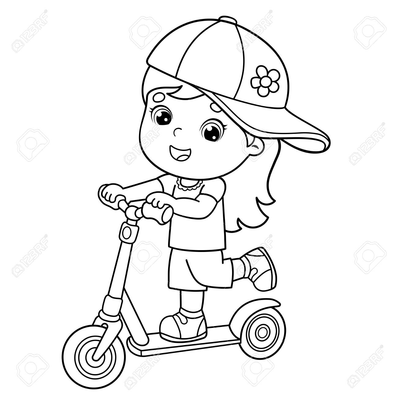 Coloring page outline of cartoon girl on the scooter coloring book for kids royalty free svg cliparts vectors and stock illustration image