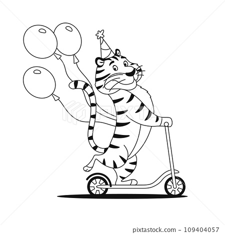 Happy tiger rides kick scooter coloring page