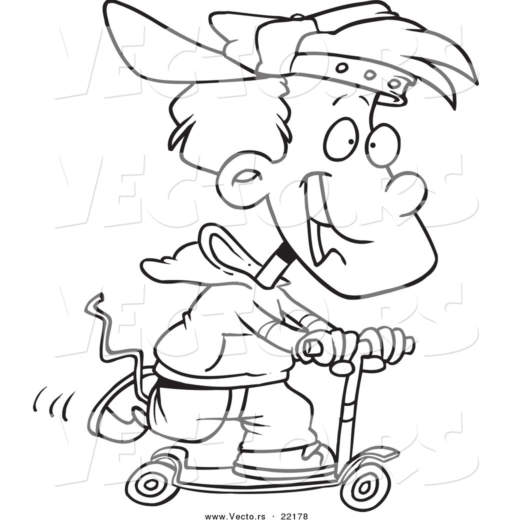 R of a cartoon boy riding a scooter