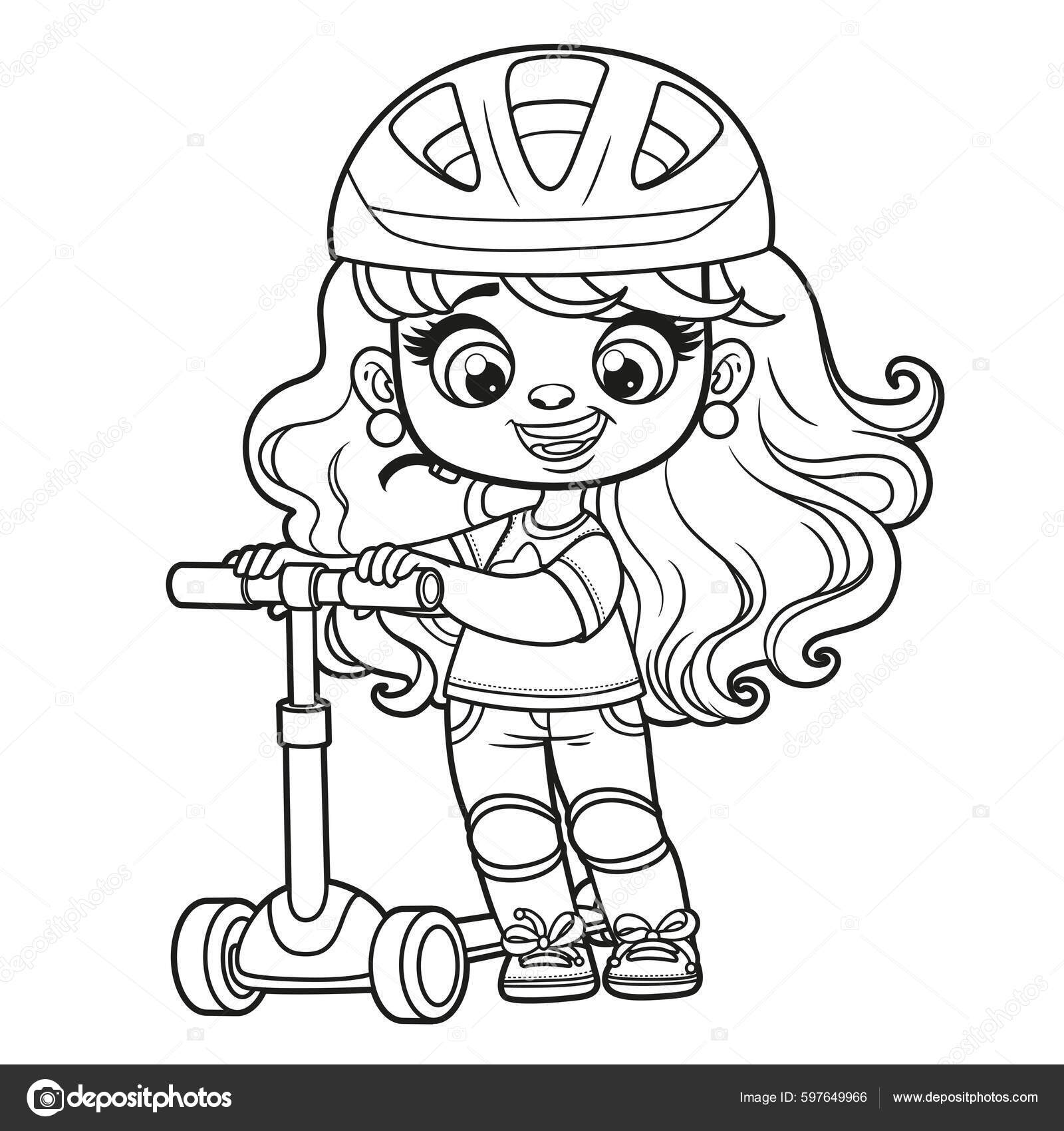 Cute cartoon girl helmet scooter outlined coloring page white background stock vector by yadviga