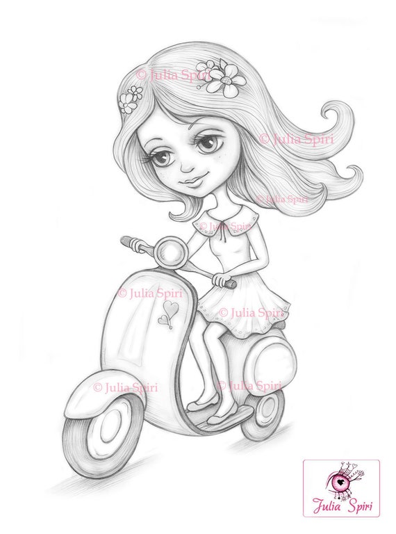 Travel coloring page digital stamp electric scooter digi girl traveler adventure fantasy crafting whimsy mila