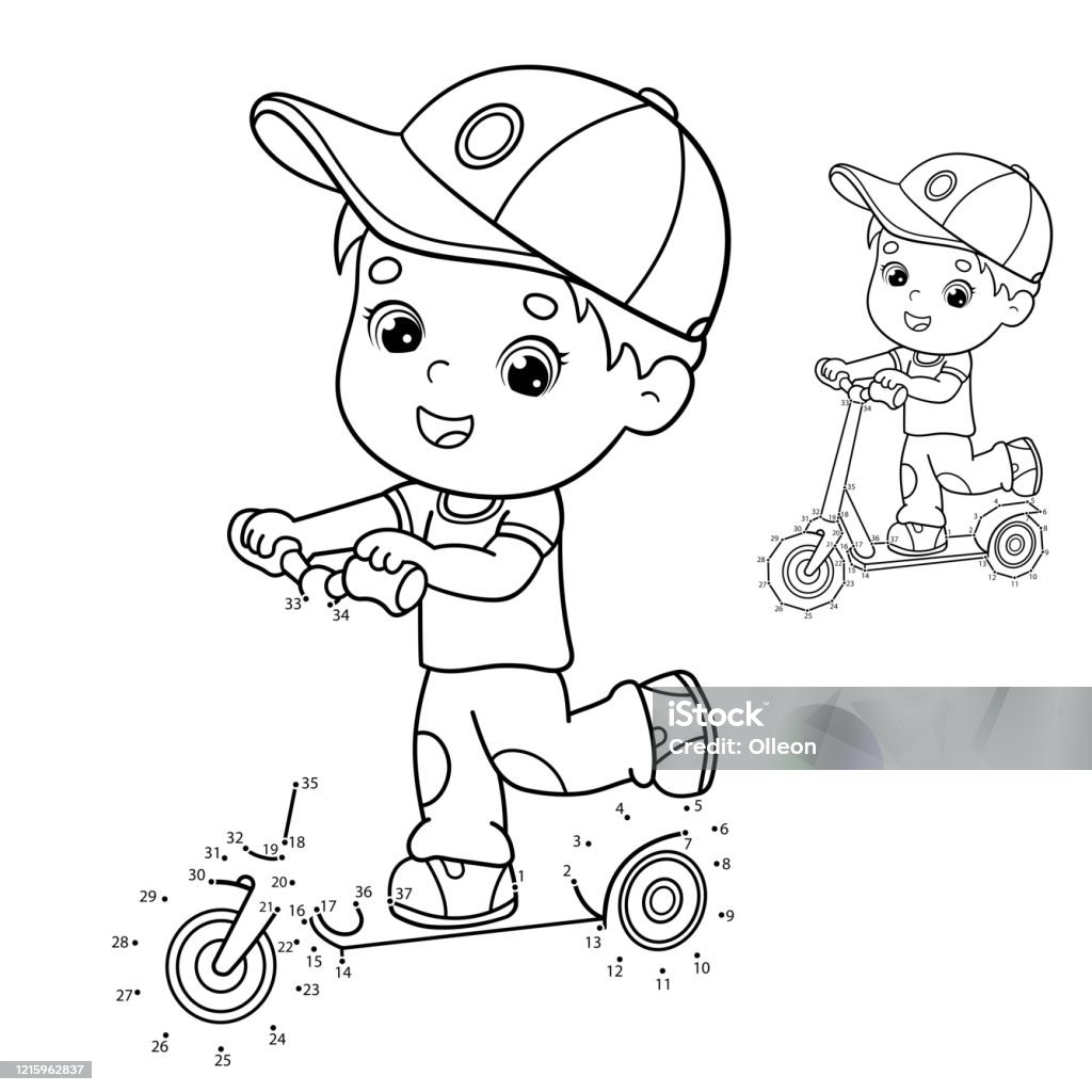 Puzzle game for kids numbers game coloring page outline of cartoon boy on the scooter coloring book for children stock illustration