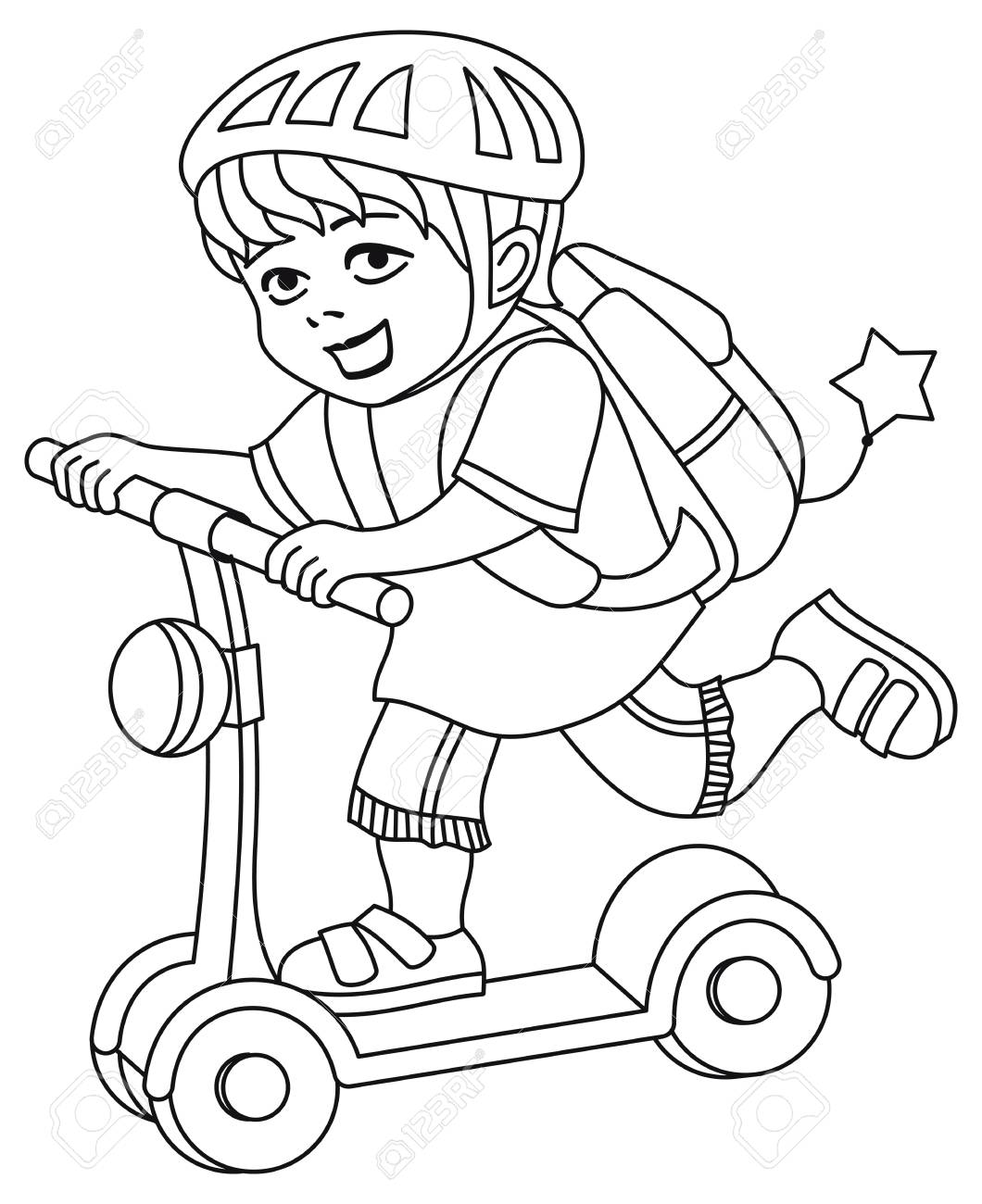 A kid in a bike helmet and with a backpack on his back rides a scooter printable coloring page for kids royalty free svg cliparts vectors and stock illustration image