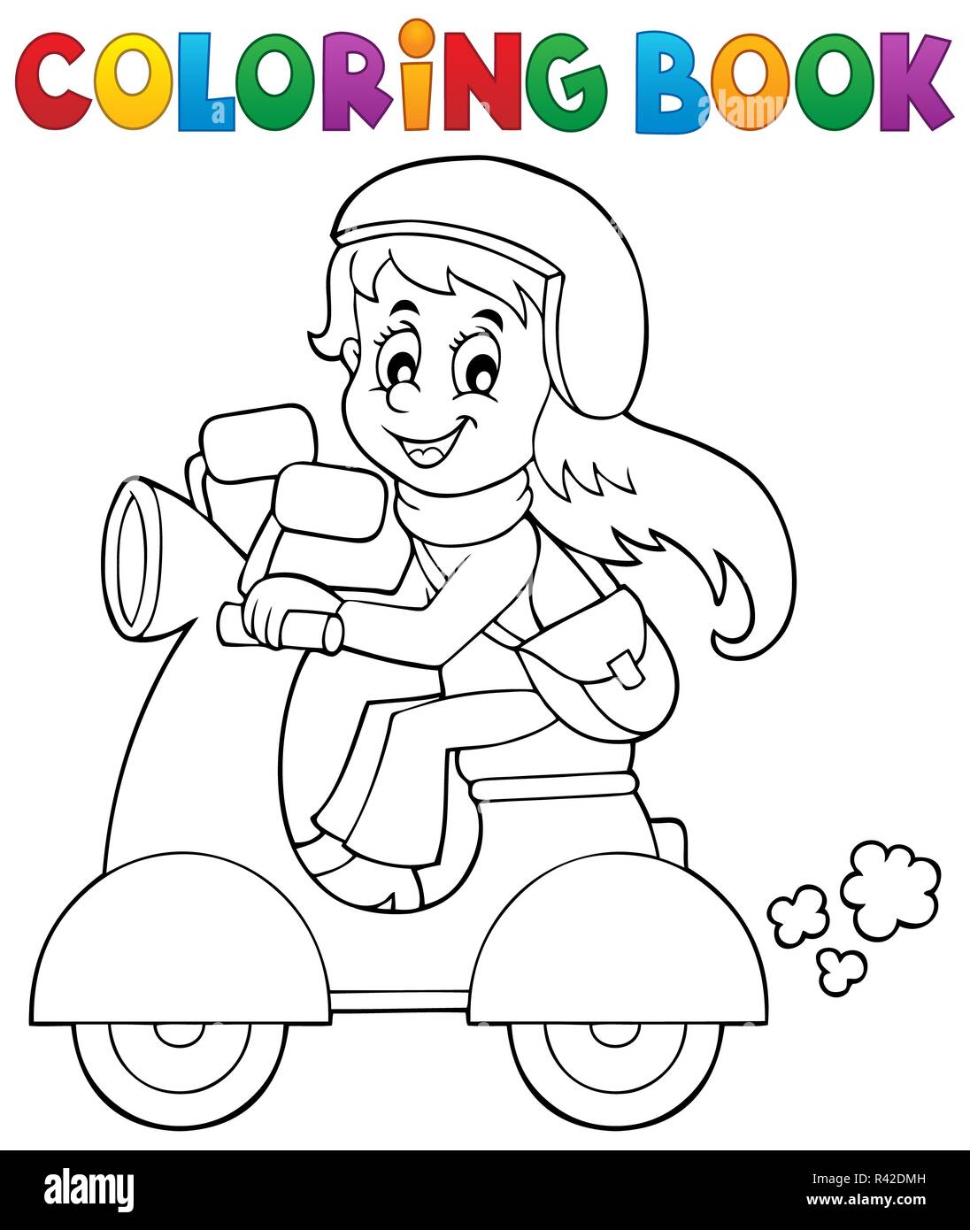 Coloring book girl on motor scooter stock photo